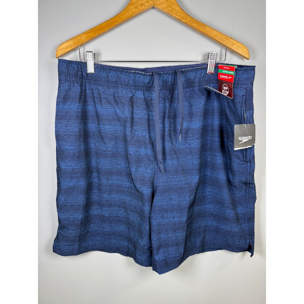 Speedo Mens XL Techvolley Swim Trunks Navy Blue Heathered Stripe UPF 50+ NWT